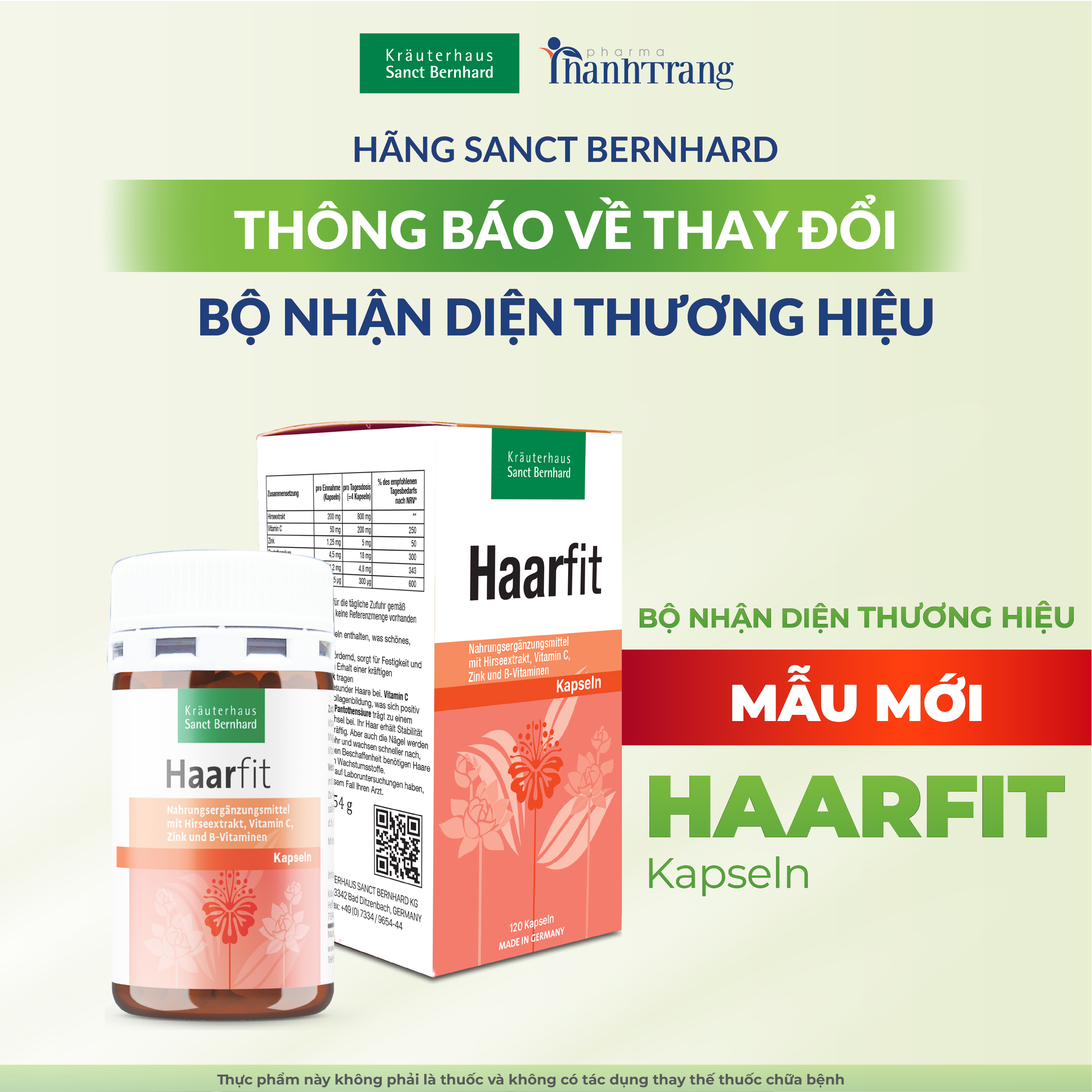 Hãng Sanct Bernhard KG – Cộng hòa Liên bang Đức xin trân trọng thông báo về việc thay đổi bộ nhận diện thương hiệu của sản phẩm Haarfit Kapseln.